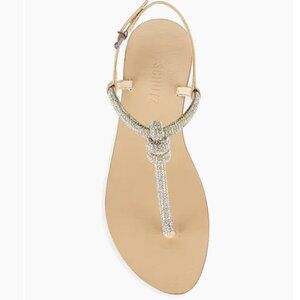 Schutz  Pearly Embellished T-Strap Sandals in Light Beige Crystal